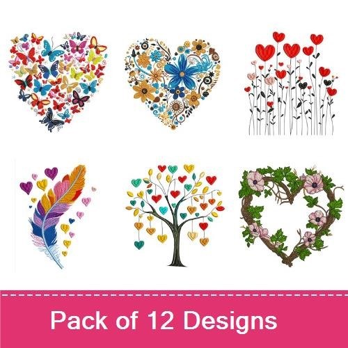 Hearts and Love Embroidery Designs Bundle – Colorful Butterflies Heart, Floral Heart with Blue Flowers, & More (12 Designs)