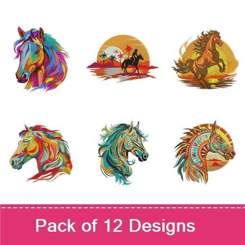 Vibrant Horse Designs Embroidery Bundle – Colorful Horse Head, Running Horse, Horse with Sunset & More (12 Designs)