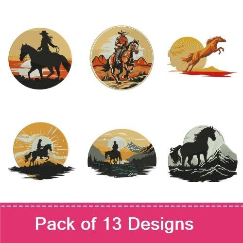 Western Horse Embroidery Designs Bundle – Cowboy on Horse, Galloping Horse, Wild Mustang & More (13 Designs)