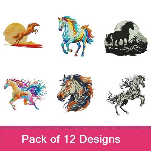 Vibrant Horse Embroidery Bundle – Colorful Horse Head, Running Horse, Horse Silhouette & More (12 Designs)