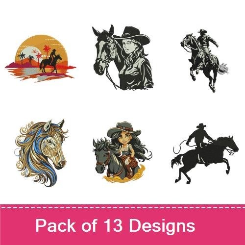 Western Horse Riding Embroidery Designs Bundle – Horse Rider Silhouette, Cowboy on Horse, Sunset Rider & More (13 Designs)