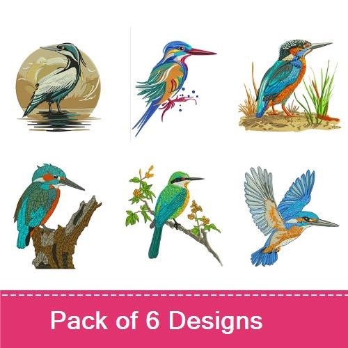 Kingfisher Birds Embroidery Designs Bundle – Vibrant Kingfisher, Kingfisher on Branch, Kingfisher in Water & More (6 Designs)