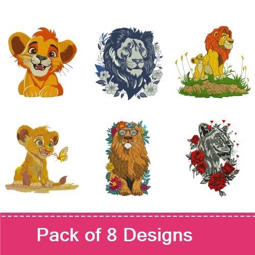 Lion Characters Embroidery Designs Bundle – Lion Cub, Adult Lion, Cartoon Lion & More (8 Designs)
