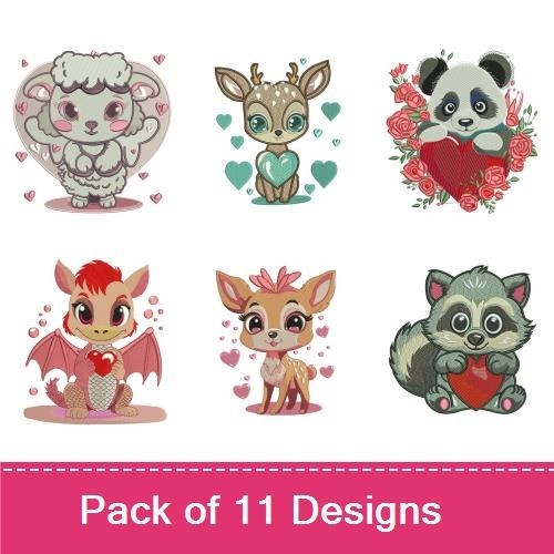 Cute Baby Animals Embroidery Designs Bundle – Baby Lamb, Baby Deer, Panda with Hearts & More (11 Designs)