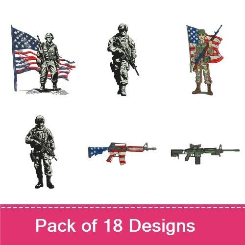 Military-Themed Embroidery Designs Bundle – Soldier with American Flag, Soldier Silhouette, Veteran Tribute & More (18 Designs)