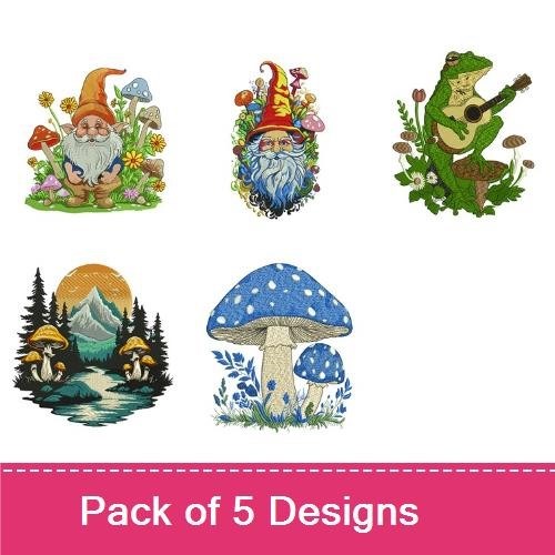 Gnome & Mushroom Embroidery Designs Bundle – Gnome with Flowers, Singing Gnome, Mushroom Cluster & More (5 Designs)