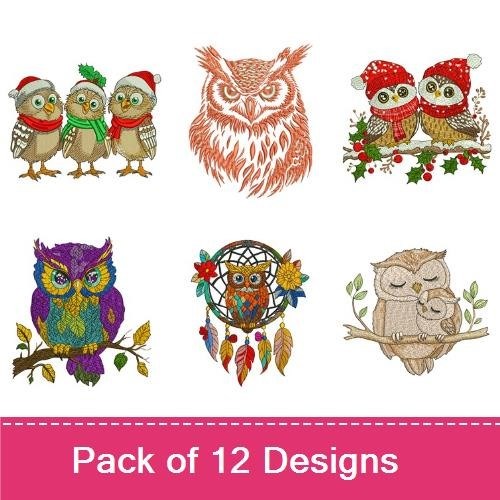 Owl Embroidery Designs Bundle – Owl with Flowers, Stacked Owls, Colorful Owl & More (12 Designs)