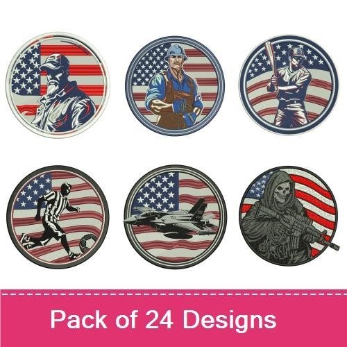 American Pride Embroidery Designs Bundle – Tractor with American Flag, Police Officer with American Flag & More (24 Designs)