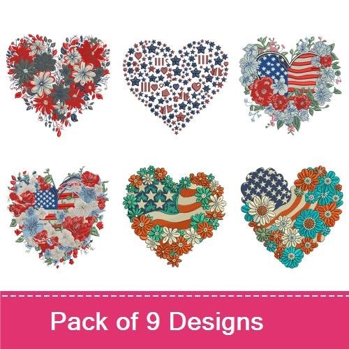 Patriotic Heart Embroidery Designs Bundle – Floral Heart with American Flag, Striped Heart with Flowers, & More (9 Designs)