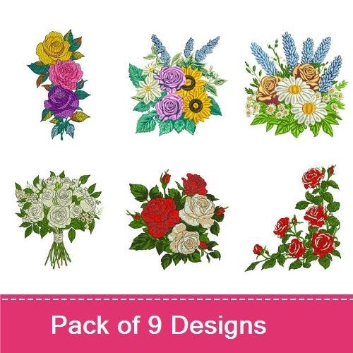 Floral Bouquets Embroidery Designs Bundle – Rose Bouquet, Sunflower Bouquet, Daisy Wreath & More (9 Designs)