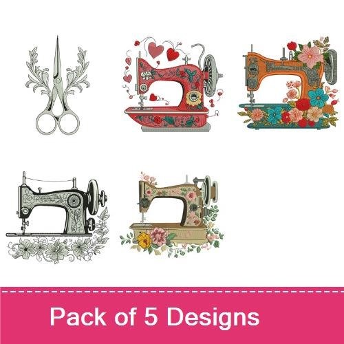 Vintage Sewing Machines Embroidery Designs Bundle – Red Sewing Machine with Hearts, Floral Sewing Machine, Scissors & More (5 Designs)