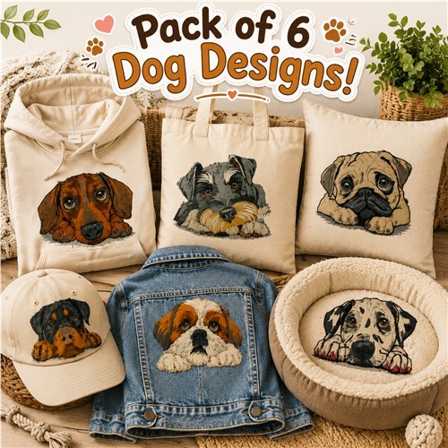 Dogs Embroidery Designs Bundle – Dachshund, Pug, Rottweiler, Dalmatian & More (6 Designs)