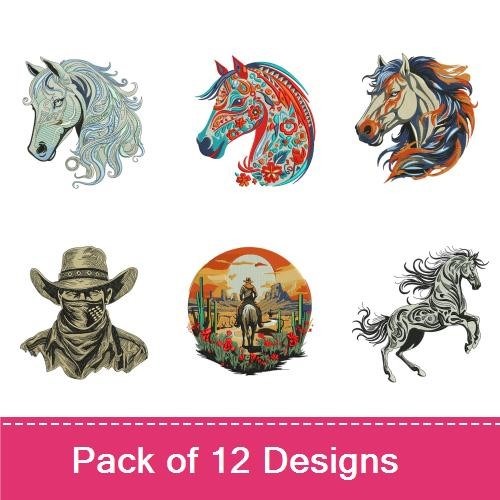 Western Horses & Cowboys Embroidery Designs Bundle – Cowboy on Horse, Floral Horse, Wild West Scene & More (12 Designs)