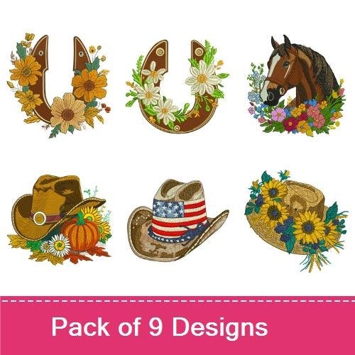 Western-themed Embroidery Designs Bundle – Western Boot, Bull Skull, Floral Horseshoe & More (9 Designs)