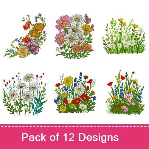 Wildflowers Garden Embroidery Designs Bundle – Orange Poppy Bouquet, Spring Wildflower Patch, & More (12 Designs)