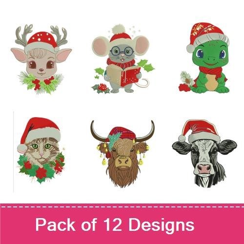 Festive Animal Embroidery Bundle – Holiday Characters (12 Designs)