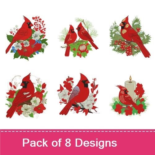 Festive Cardinals Embroidery Designs Bundle – Cardinal with Christmas Ornament, Pair of Cardinals, Cardinal on Flowers & More (8 Designs)