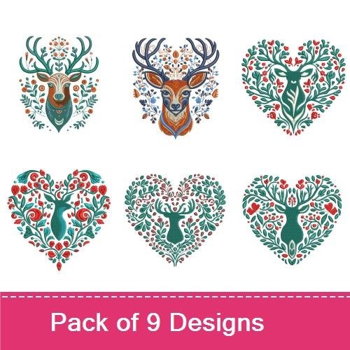 Festive Deer Embroidery Designs Bundle – Deer Head with Flowers, Colorful Deer Head, Heart with Deer and Florals & More (9 Designs)
