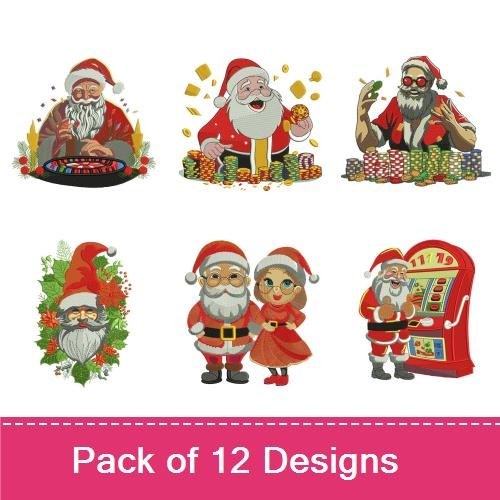 Santa Casino Embroidery Designs Bundle – Santa at Roulette Table, Santa with Poker Chips & More (12 Designs)