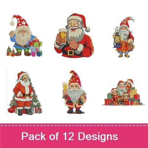 Santa Claus Christmas Embroidery Designs Bundle – Santa with Gifts, Santa Checking List, Santa Playing Guitar & More (12 Designs)