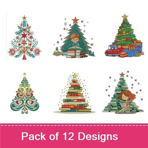 Christmas Tree Embroidery Designs Bundle – Cowboy Hat, Gifts, Stacked Books & More (12 Designs)
