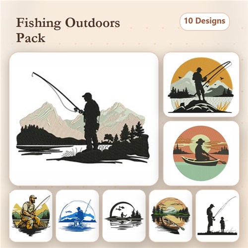 Fishing Embroidery Designs Bundle – Fisherman Silhouette, Morning Fishing Scene, Evening Fishing Scene & More (10 Designs)