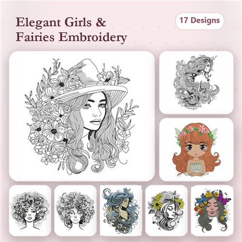 Elegant Girls and Fairies Embroidery Designs Bundle – Girl with Flowers and Hat, Fairy with Flowers, Girl with Curly Hair & More (17 Designs)