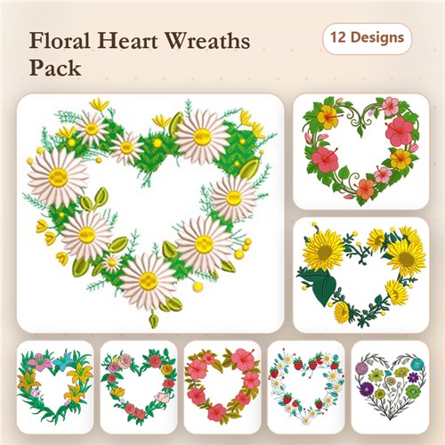 Floral Heart Wreaths Embroidery Designs Bundle – Daisy, Sunflower, Tropical Flower & More (12 Designs)