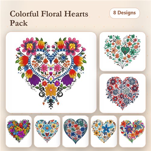 Colorful Floral Hearts Embroidery Designs Bundle – Heart with Red and Yellow Flowers, Blue Floral Heart & More (8 Designs)