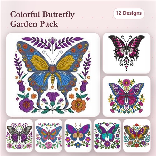 Colorful Butterflies Embroidery Designs Bundle – Large Colorful Butterfly, Blue Butterfly, Pink and Black Butterfly & More (12 Designs)