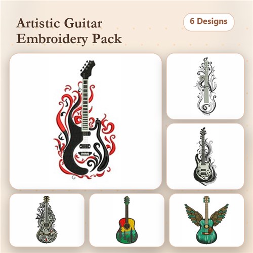 Artistic Guitar Embroidery Designs Bundle – Guitar with Flames, Ornate Guitar, Classic Guitar & More (6 Designs)