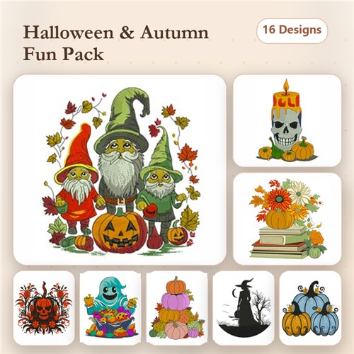 Halloween & Autumn Embroidery Designs Bundle – Gnomes with Pumpkins, Halloween Candle, Skull with Flowers & More (16 Designs)