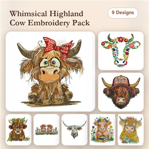 Highland Cow Embroidery Bundle – Whimsical Cow, Floral Crown Cow, Happy Cow & More (9 Designs)