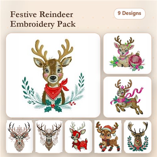Festive Reindeer Embroidery Designs Bundle – Reindeer with Bandana, Holiday Reindeer with Flowers, & More (9 Designs)