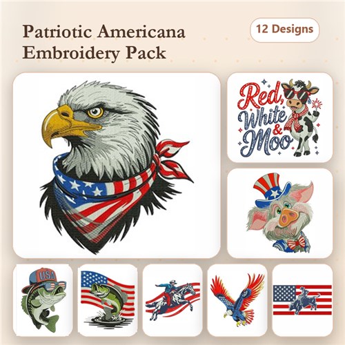 Patriotic Americana Embroidery Bundle – Eagle with Bandana, Cow with American Flag & More (12 Designs)