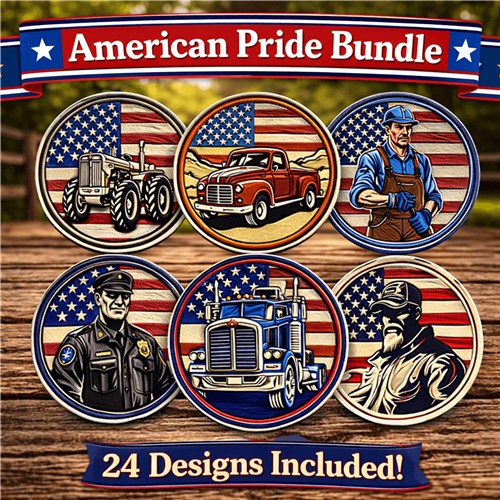 American Pride Embroidery Designs Bundle – Tractor with American Flag, Police Officer with American Flag & More (24 Designs)