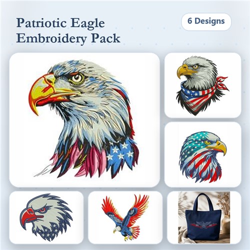 Patriotic Eagles Embroidery Bundle – Eagle with American Flag, Eagle Head Profile with Bandana, & More (6 Designs)
