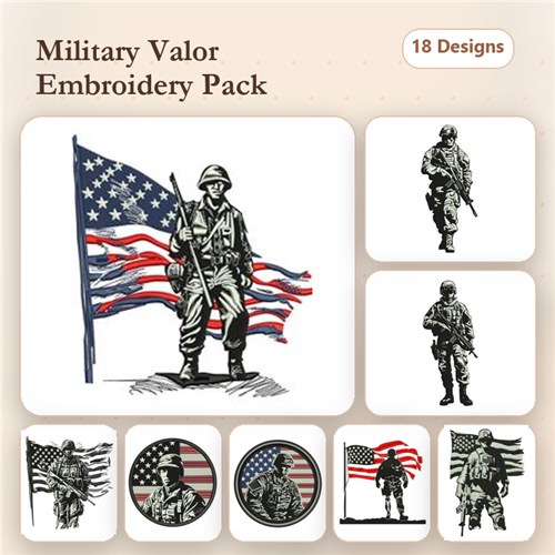 Military-Themed Embroidery Designs Bundle – Soldier with American Flag, Soldier Silhouette, Veteran Tribute & More (18 Designs)