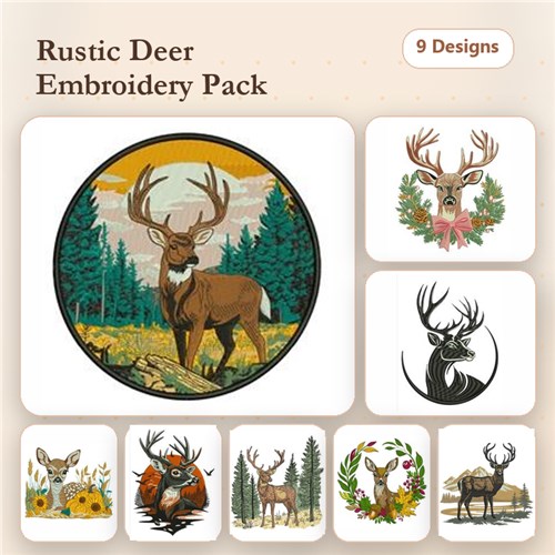 Deer & Stag Embroidery Designs Bundle – Deer in Forest, Floral Deer Wreath, Stag with Mountains & More (9 Designs)
