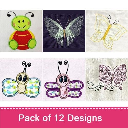 Butterflies & Bugs Embroidery Bundle – Colorful Butterfly, Cute Ladybug, Caterpillar & More (12 Designs)