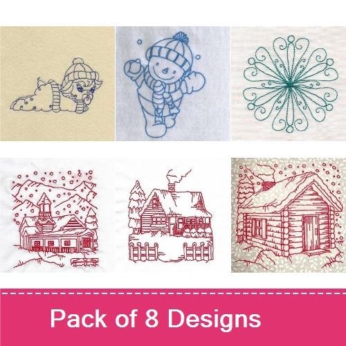 Redwork Cozy Winter Scenes Embroidery Designs Bundle – Winter Cabin, Snowman, Penguin & More (8 Designs)