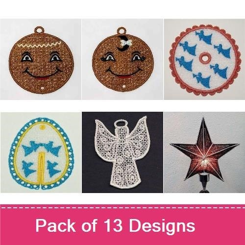 FSL Holiday Ornament Embroidery Designs Bundle – Angel, Snowflake, Candy Cane & More (13 Designs)
