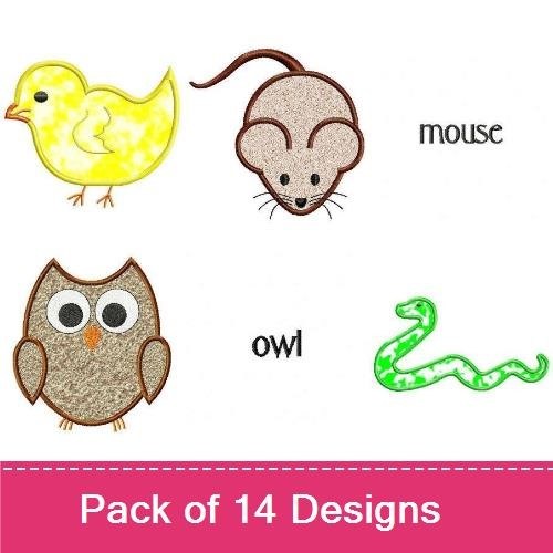 Animal Embroidery Bundle – Chick, Mouse, Owl & Snake (14 Designs)