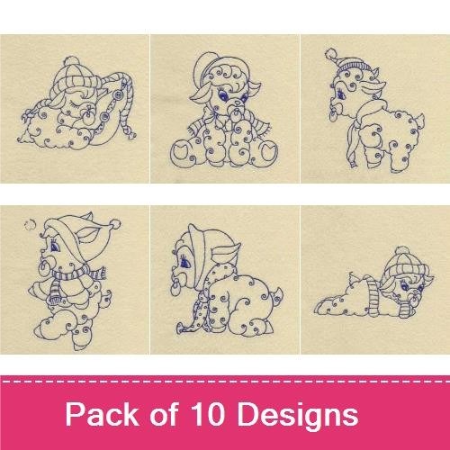 Redwork Cute Baby Lambs Embroidery Designs Bundle – Sleepy Lamb, Baby Lamb with Balloon, Baby Lamb in a Gift Box & More (10 Designs)