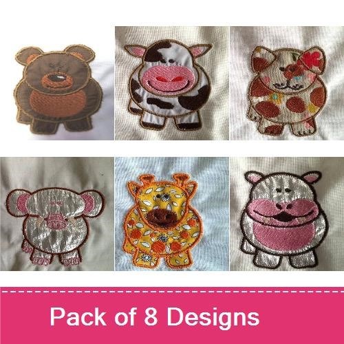 Animal Embroidery Bundle – Bear, Cow, Koala, Giraffe, Hippo, Pig (8 Designs)