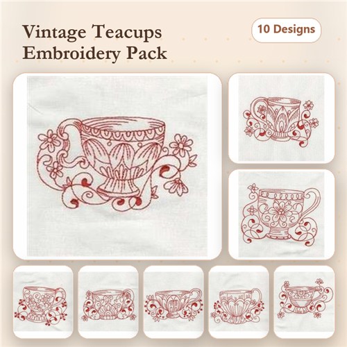 Tea Cups Redwork