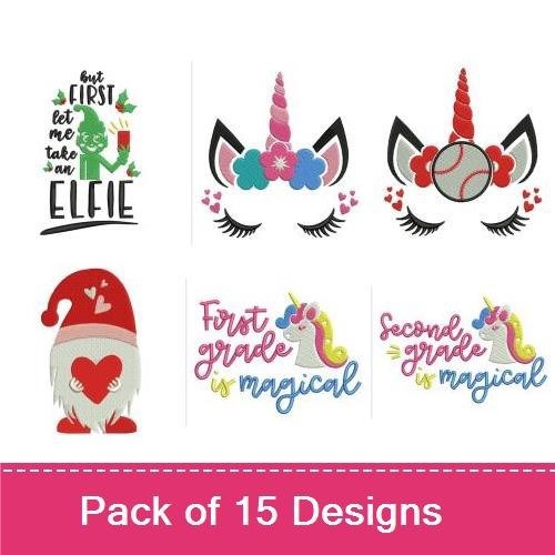 Unicorn & Holiday Embroidery Designs Bundle – Unicorn Face with Flowers, First Grade is Magical & More (14 Designs)