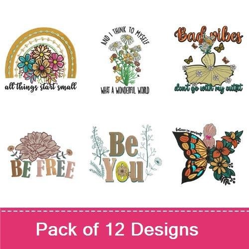 Floral Quotes Embroidery Designs Bundle – All Things Start Small, What a Wonderful World, & More (12 Designs)