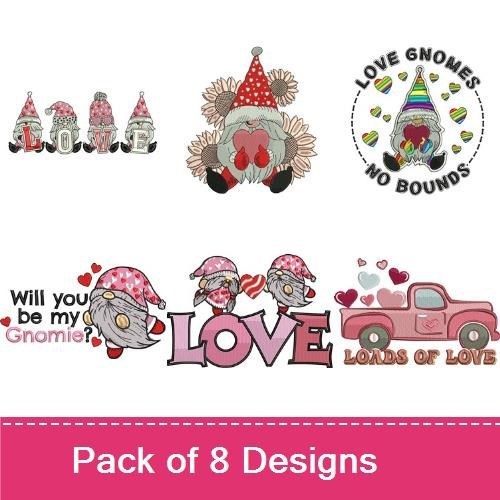 Valentine Gnomes Embroidery Designs Bundle – Gnome with Heart, Love Gnome, Truck with Love & More (8 Designs)