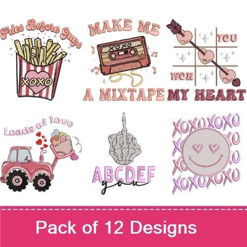 Funny Love Embroidery Designs Bundle – Fries Before Guys, All You Need Is, Make Me A Mixtape & More (12 Designs)